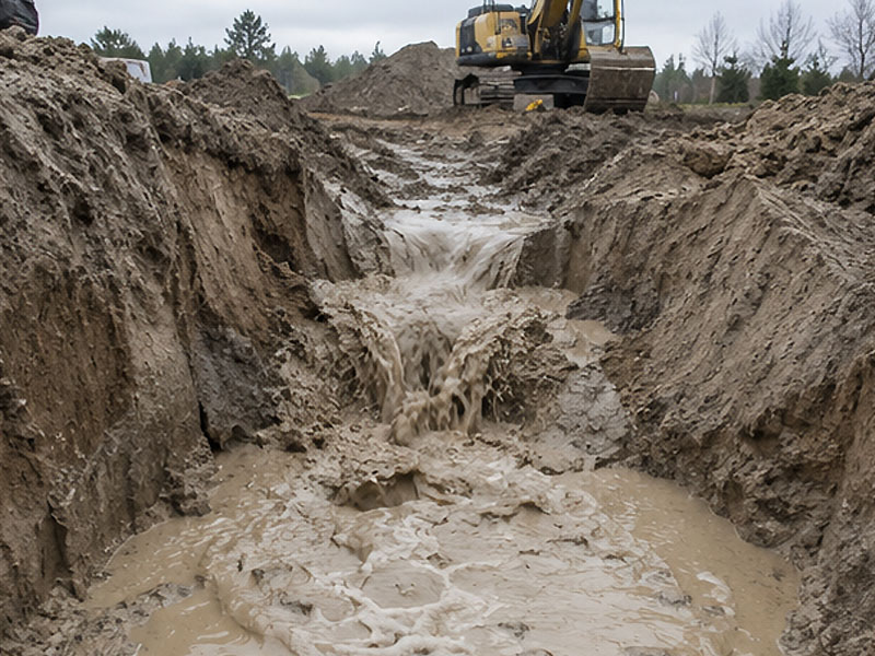 Kurzawka w wykopie - nawodniony drobnoziarnisty grunt napływający do wykopu fundamentowego