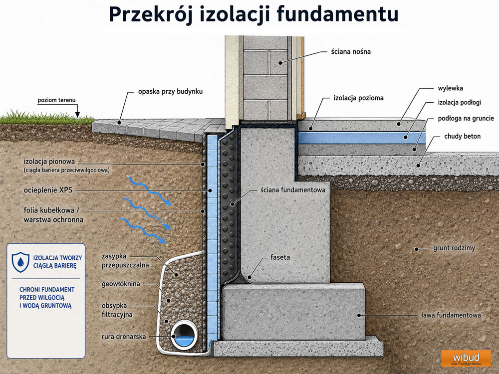 Przekrój izolacji fundamentu - izolacja pozioma, pionowa, termiczna, drenaż i warstwy ochronne